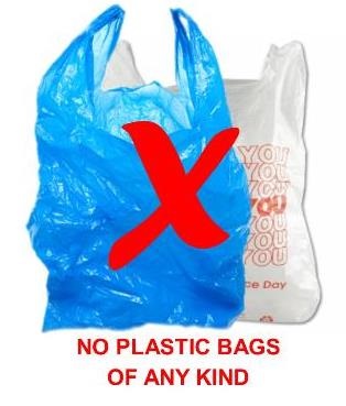 a blue and a white plastic grocery bags with a message stating no plastic bags of any kind