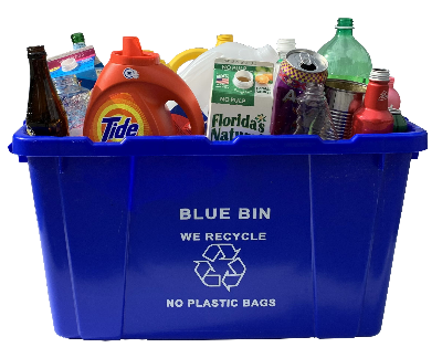 blue recycle bin with recyclable containers inside
