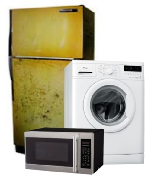 old yellow refrigerator, washer and microwave oven