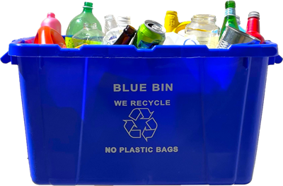 blue recycle bin full of recyclable bottles and cans