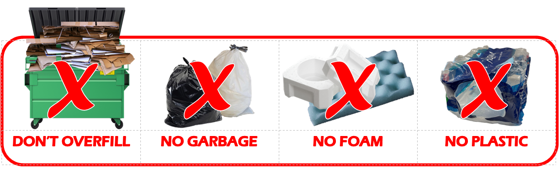 don't overfill dumpster, no garbage in dumpster, no foam in dumpster, no plastic in dumpster