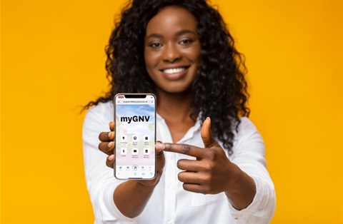 woman hold smartphone with myGNV showing up on the phone