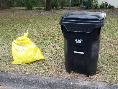 yellow bag set out curbside next to black garbage cart