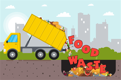 graphic of a yellow truck dumping food waste in to a landfill