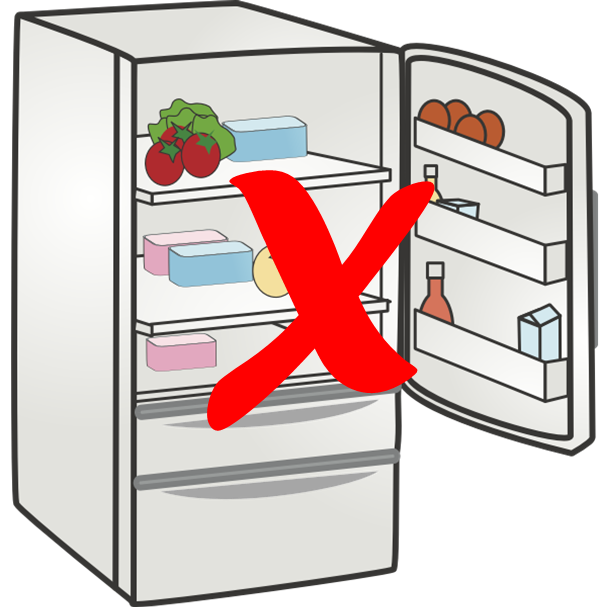 graphic of an open refrigerator with the door open with big red x across the whole graphic