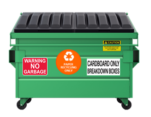 green dumpster with orange paper recycling only decal
