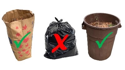 correct yard waste set out with one incorrect example in plastic bags