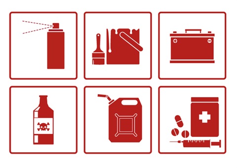 series of 6 boxes with red graphics inside for various household hazardous waste materials