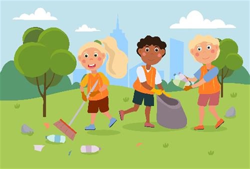 cartoon image of three kids cleaning up litter in a park