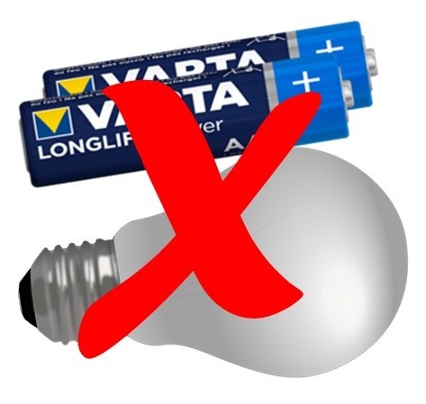 batteries and light bulbs are not accepted for recycling