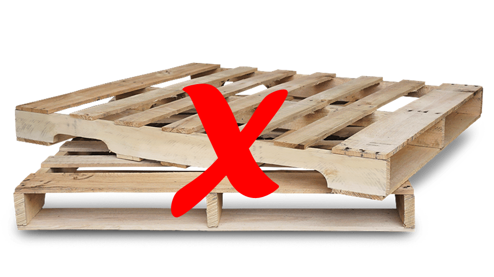 two wooden pallets with a red x over them meaning no pallets