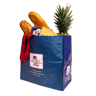 blue reusable shopping bag with groceries inside