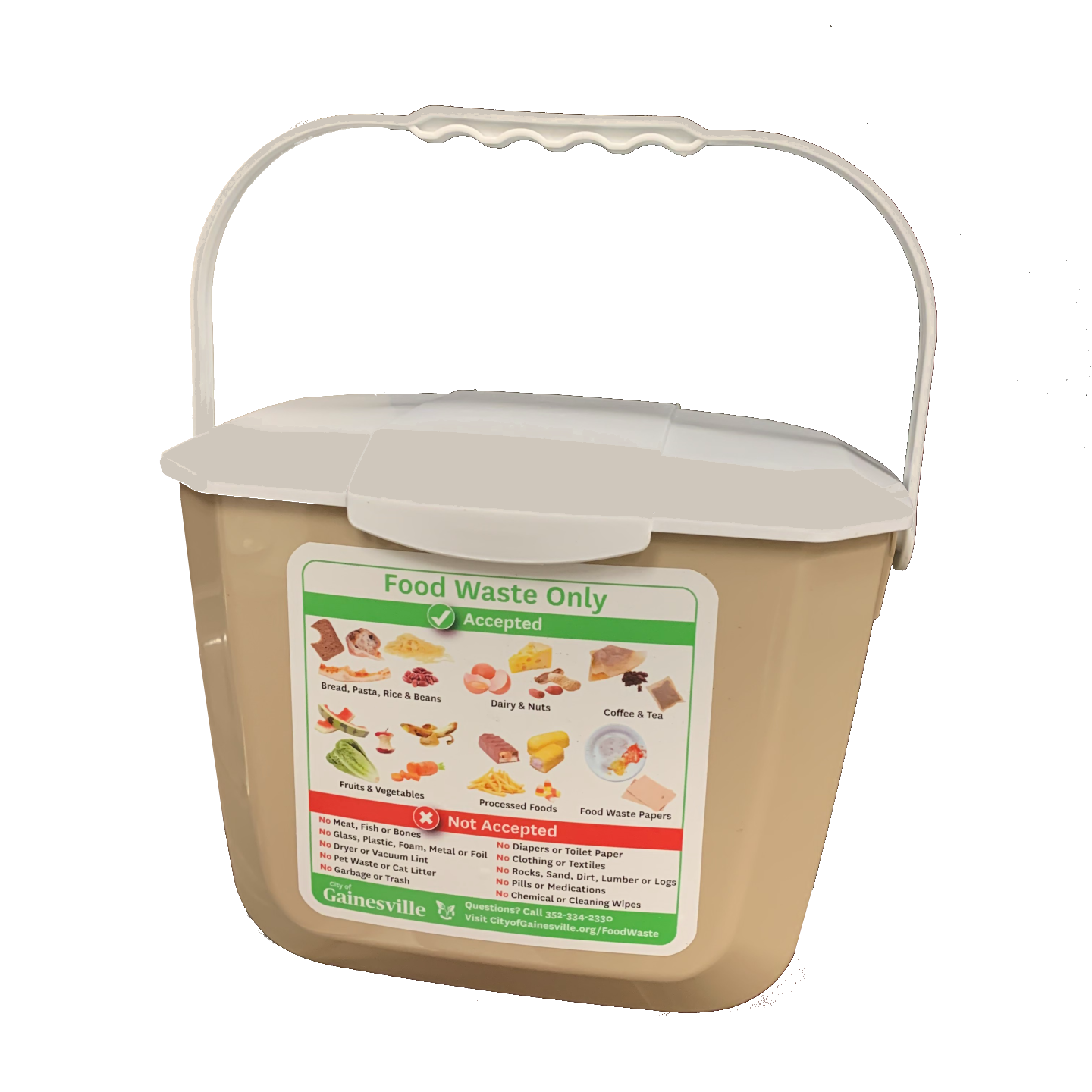 City of Gainesville tan kitchen compost pail with decal on front