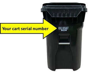 black garbage cart with arrow showing where cart serial number is located