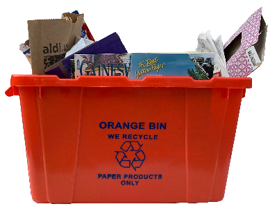 Orange recycle bin filled with papers