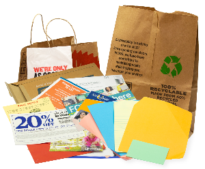 grouping of recyclable office paper, junk mail and paper bags
