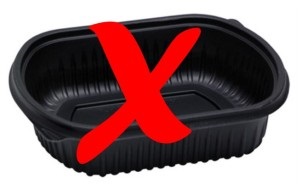 black plastic microwavable container with red x for not accepted for recycling