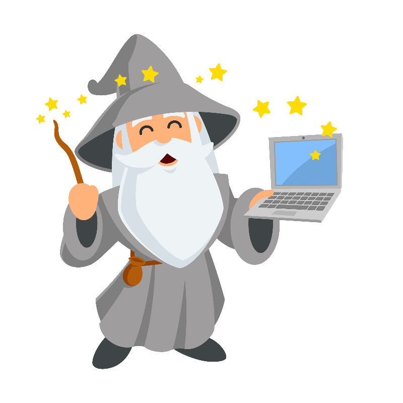 graphic of a wizard in gray cloke with a wand and laptop
