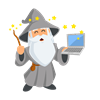 graphic of a wizard in gray cloke with a wand and laptop