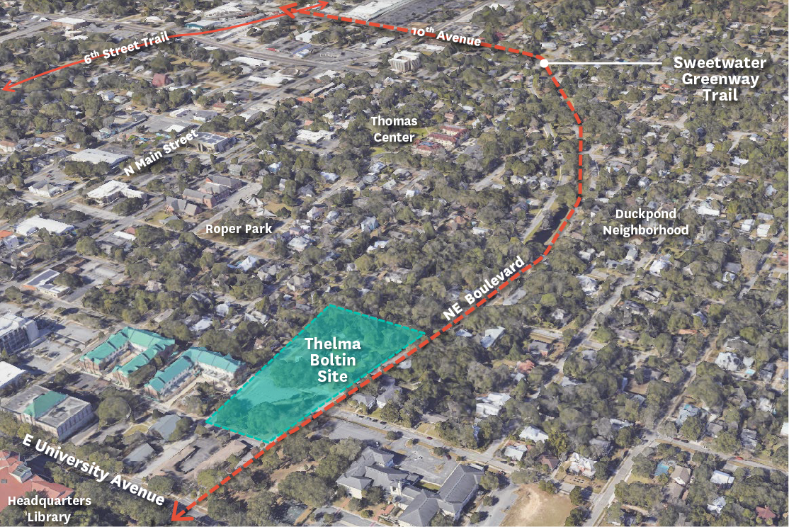 Map of Sweetwater Greenway Loop Trail with Thelma Boltin site highlighted. 